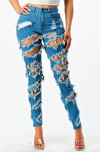 Diagonal Distressed Medium Blue Jeans