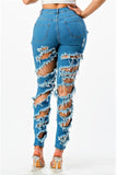 Diagonal Distressed Medium Blue Jeans