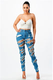 Diagonal Distressed Medium Blue Jeans