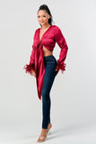 Tie Front Feather Cuff Top ( 3 Colors)