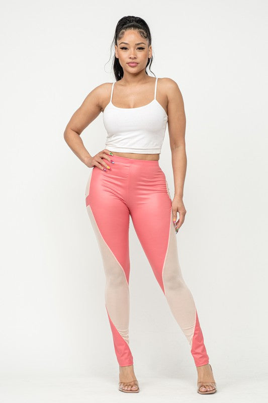 PU Mesh Color Leggings Coral